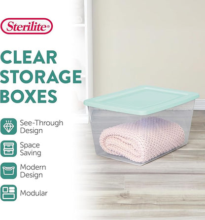 Sterilite 8 Pack Storage Boxes, Clear Plastic Stackable Containers, Lightweight Home Organizers with Snap Lids, 58 Quart, Mindful Mint