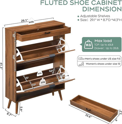 Yechen Shoe Storage Cabinet with 2 Flip Drawers& 1 Small Drawer, Slim Entryway Shoe Organizer with Fluted Wavy Doors for Hallway,Walnut