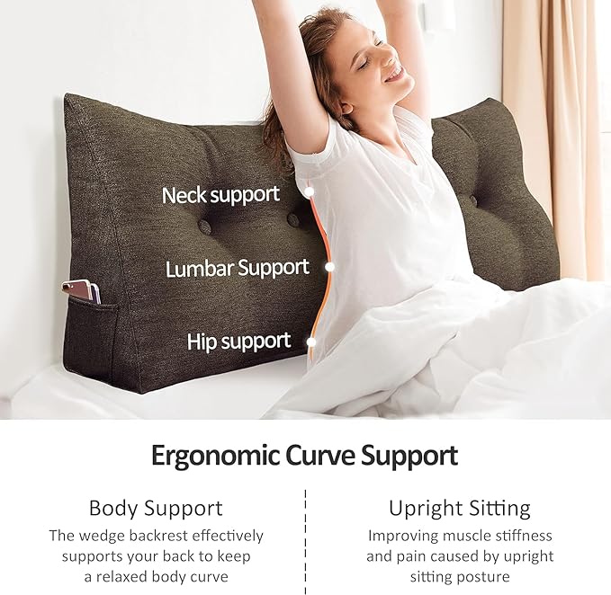 homecozy Wedge Headboard Pillow Dorm Room Reading Pillow Back Support for Sitting Up in Bed Bolster Lumbar Cushion Body Positioning Bedrest Cotton Linen 39in Coffee Twin