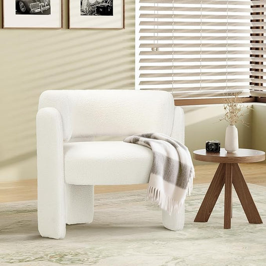COLAMY Modern Accent Chair, Velvet Accent Chairs, Upholstered Barrel Chairs with Solid Wood Legs, Comfy Side Chair for Living Room, Bedroom, Reading, Cozy Reading Chair,Cream