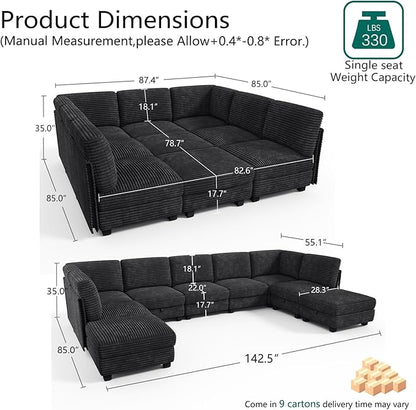 Modular Sectional Sofa with Adjustable Backrest, Large Convertible L/U-Shaped Sleeper Couch for Living Room, Cloud Sofa Bed Modern Reversible Design, Black