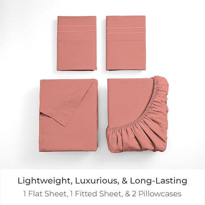 Mellanni Twin Sheet Set - 4-Piece Iconic Collection Bedding, (Including 2 Pillowcases), 16-Inch Deep Pocket, Easy Care, Extra Soft, Cooling Sheets, Brushed Microfiber - Coral
