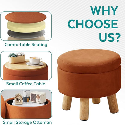 FIMIVIBI Small Foot Stool Ottoman with Storage, Velvet Ottoman Foot Rest for Couch, Round Footstool with Storage, Small Ottomans and Footstools for Living Room and Entryway (Orange)