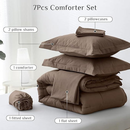 JOLLYVOGUE California King Comforter Set, Ultra-Soft Bed in a Bag Cal King Size 7 Pieces, Oeko-TEX Certified Bedding Set with Down Alternative Comforter, Sheets, Pillowcases & Shams, Brown