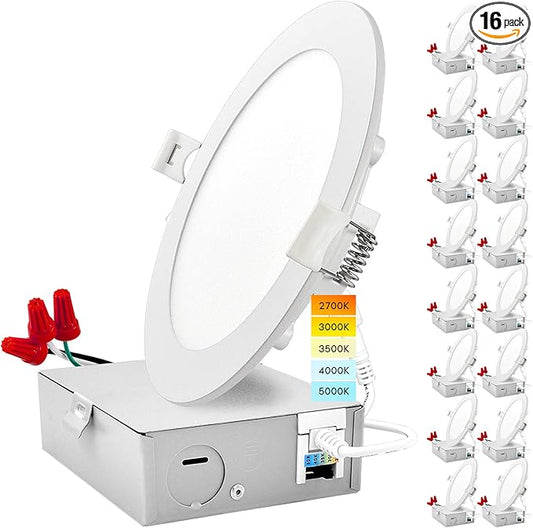 LUXRITE 16 Pack 6 Inch Ultra Thin LED Recessed Light with J-Box, 12W, Color Temperature Selectable 2700K | 3000K | 3500K | 4000K | 5000K, Dimmable Wafer Light, 1000 Lumens, Energy Star, IC Rated