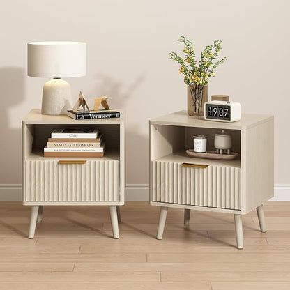 CARPETNAL Fluted Nightstand, Beige Bedside Table with Drawer and Storage Shelf, Wood End Table Mid Century Night Stands for Bedroom Living Room