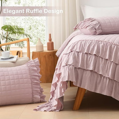 HORIMOTE HOME Dusty Pink Ruffled Quilt Set King Size, Classic Geometric Square Stitched Pattern, Pre-Washed Farmhouse Shabby Chic Microfiber Lightweight Bedding Set Bedspread Coverlet for All Season
