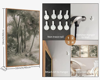 Yeehomedec Vintage Nature Landscape Framed Canvas Wall Art Set, Rustic Misty Forest Sketch Wall Decor, Neutral Wooden Trees Art Print, Retro Foggy Scenery Artwork for Living Room Bedroom Office 16"x24"x3