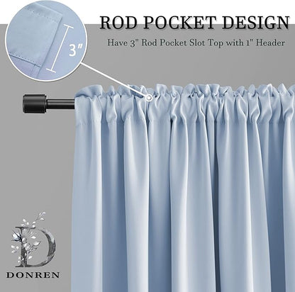 DONREN 108 inch Extra Length Curtains for Bedroom - Rod Pocket Smooth Tactility Room Darkening Window Panels for Patio (52 W x 108 L,Light Blue,2 Pieces)