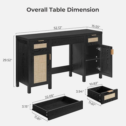 SICOTAS 2 Pieces Rattan Vanity Home Office Desk - Big Boho Makeup Vanities Benches with Drawers & Storage Cabinets, Dressing Vanity Table for Makeup Room, Bedroom, Home Office, Black Oak