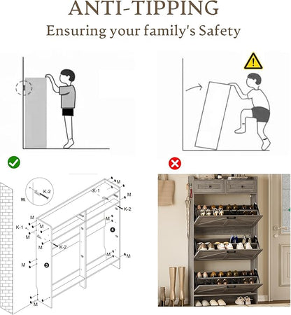 Shoe Storage Cabinet for Entryway, Farmhouse Narrow Shoe Cabinet with 3 Flip Drawers & 2 Top Drawers, Adjustable Shelves & Hooks, Freestanding Hidden Rack Organizer for Hallway, Foyer