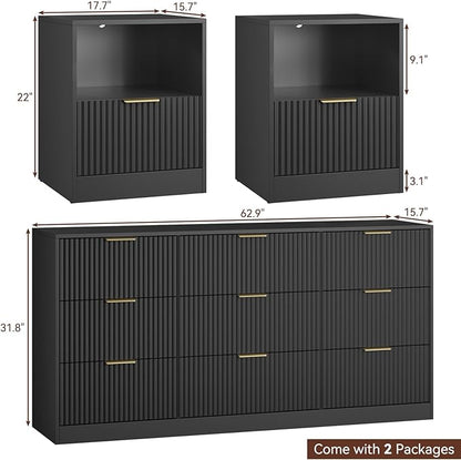 3-Piece Fluted Black Dresser and Nightstand Set, 63” Wide Bedroom Dresser Set Night Stand Set of 2 with Metal Handle, Modern Wood Chest of Drawers Storage Dressers Set for Bedroom, Black