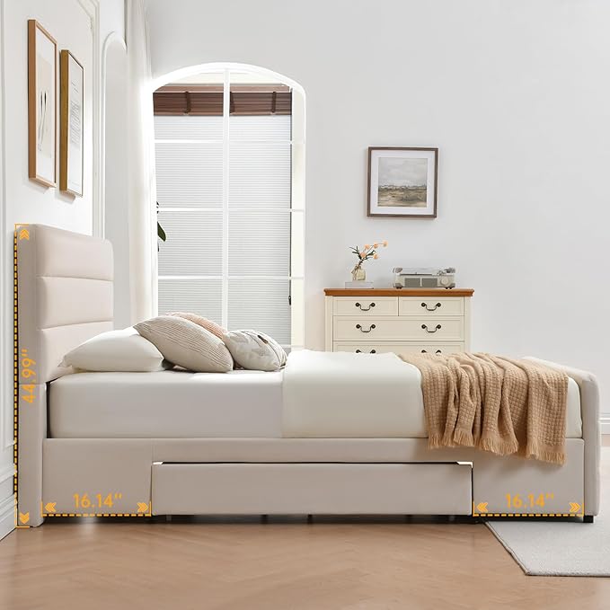 VELOCAVA Queen Size Upholstered Platform Bed with Tall Headboard and Footboard, 2 Side Storage Drawers, Modern Beige Fabric Bed Frame, No Box Spring Needed, Slatted Base Support, Easy Assembly