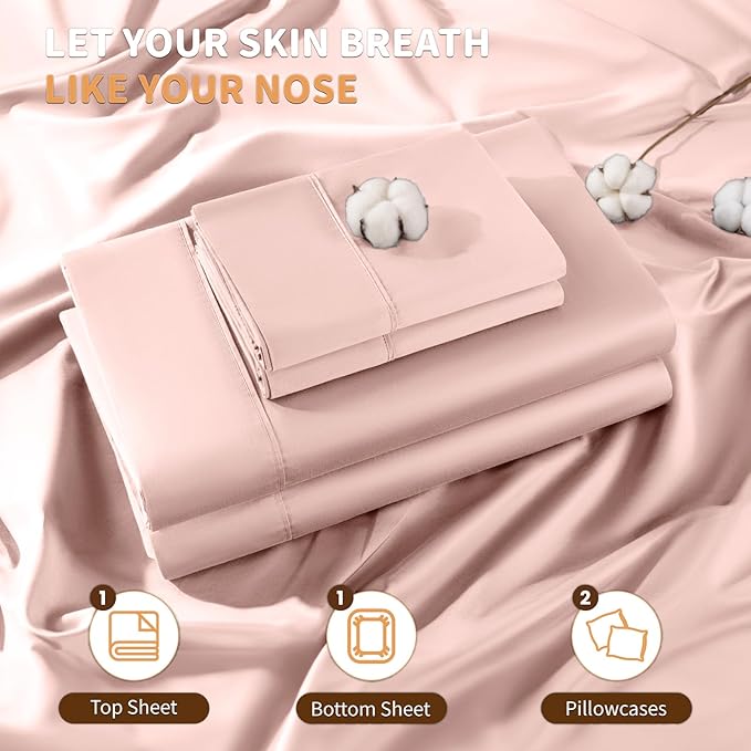 LBRO2M 100% Cotton Sheets Set Deep Pocket 19", 1000 Thread Count California King Size 4 Piece Bed Sheet Sets Soft Comfortable Bedding All Season (California King, Pink)