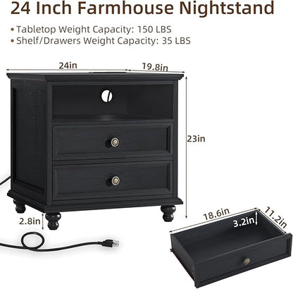 24" Wide Farmhouse Nightstand with Charging Station, End Table with 2 Drawers, Black Wood Dresser for Bedroom Cabinet, Bed Side Table Chest of Drawers, Night Stand for Living Room, Closet