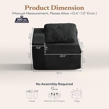 40" Modular Upholstered Foam Couch, Upholstered Floor Sofa Couch with Pillow, Single Sofa for Bedroom Living Room, No Assembly Required (Corduroy Fabric, Black)