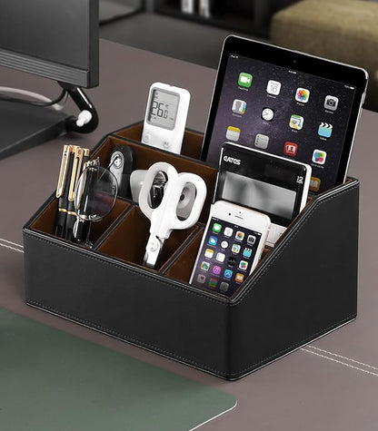 MEIBOOCH PU Leather Desk Organizer, Luxury Remote Control Holder for Home, Office Desk Accessories Table Caddy Bedside Nightstand Organizer (Black)