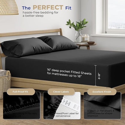 THREAD SPREAD 100% Cotton Split King Sheets for Adjustable Bed - 400 Thread Count 5 PC Sateen Split Sheet Set, Soft, Breathable Cooling Cotton Sheets - 16" Deep Pocket Split King Sheet (Black)