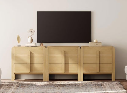 WAMPAT 3 in 1 9 Drawer Dresser for Bedroom, 94.5" Wide Mid Century Modern Wide Chest of Drawer, Wood Tall Nightstand with Curved Edge Handles, Closet Dresser TV Stand for Bedroom, Oak