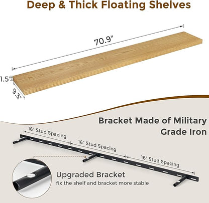 Fun Memories 72 Inch Floating Shelves for Wall, 72x9.3 Large Floating Shelf for Bedroom, Kitchen, Bathroom, Wall Mounted Rustic Wood Shelves with Invisible Bracket for Books, Decor, Oak