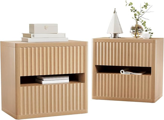 Dripex Fluted Nightstand Set of 2 with Drawers Storage, Large Wide Wood Night Stand Bedside Tables for Bedroom, Mid-Century Modern Bed Side Table, End Tables for Living Room Sofa Couch, Natural Oak