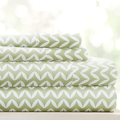 Linen Market Double-Brushed Patterned Microfiber Queen Sheet Set 4 Piece – Oeko-TEX Certified Ultra Soft & Wrinkle-Free - 16" Deep Pocket Sheets - Easy Care Queen Size - Puffed Chevron Sage