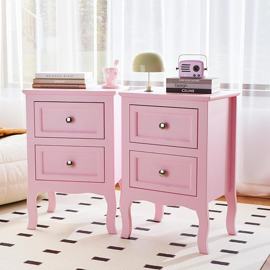 Bonnlo Nightstand Set of 2, Nightstands with 2 Drawers, Bed Side Table/Night Stand, Pink Nightstand, Small Nightstand for Bedroom, College Dorm, Kids’ Room, Living Room, Wood, 16W x 12D x 24H