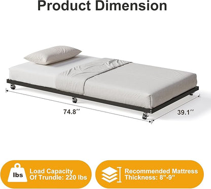 GarveeHome Twin Size Metal Roll Out Trundle Bed Frame with Wheels and Slats Support, Black