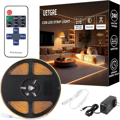 40Ft COB LED Strip Lights, Warm White 3000K Dimmable LED Light Strip with Remote, Seamless & No Strobe, Flexible & Cuttable, Complete Kit for Kitchen, Bedroom, Cabinet Lighting