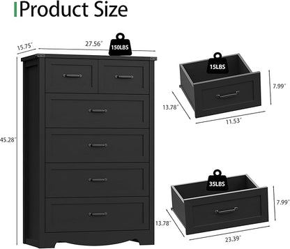 Dresser for Bedroom with 6 Drawers, 46" Tall Wood Chest of Drawers with Deep Drawers & Mental Handle, Modern Dresser TV Stand, Wooden Closet Storage Organizer for Living Room, Hallway, Entryway, Black