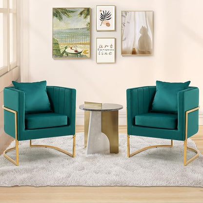 Velvet Modern Accent Chairs Set of 2, Upholstered Barrel Armchair Mid Century with Pillow for Living Room, Comfy Single Vanity Chair with Metal Gold Legs for Bedroom, Green
