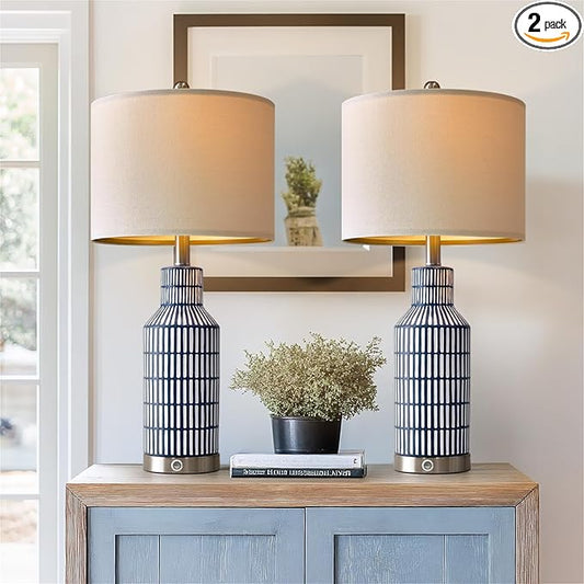 25" Modern 3-Way Dimmable Touch Control with USB A+C Ceramic Lamps Set of 2 Table Lamp for Living Room Bedroom Farmhouse Nightstand Bedside Blue