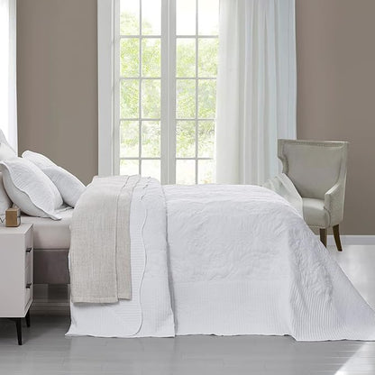 CHIXIN Bedspread Coverlet Quilt Set Full Size - Lightweight Bedding Cover - Beautiful Stitching - 5 Piece Reversible Bedspread - Gorgeous Damask Paisley Pattern (Full, Pure White)