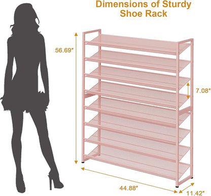 Large Shoe Rack 8 Tier Shoe Organizer, Heavy Duty Metal 4-Tier Stackable Shoe Storage Vertical Shoe Rack for Closet Front Door Entrance, Up to 50 Pairs, 44.8" W x 11.4" D x 56.7" H, Pink