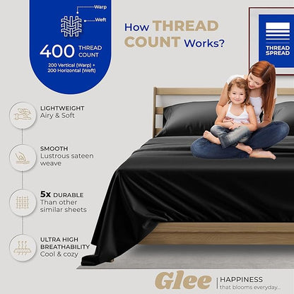 THREAD SPREAD 100% Cotton Bed Sheets Queen Set - 400 Thread Count Cotton Queen Sheets Only, 4 PC Set (Coal Black), Soft, Breathable, Cooling, Sateen Weave 16" Deep Pocket Bedsheet for Hot Sleepers