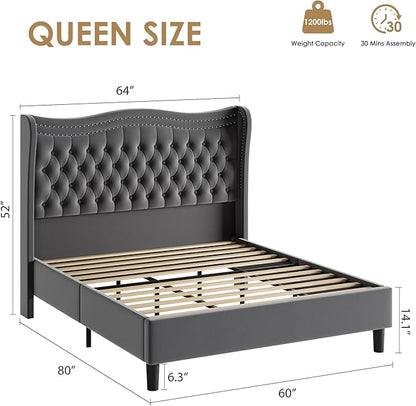 Upholstered Queen Size Bed Frame with Tall Headboard, Velvet Wingback Platform Bed Frame with Deep Button Tufted, No Box Spring Needed, Noise Free, Grey