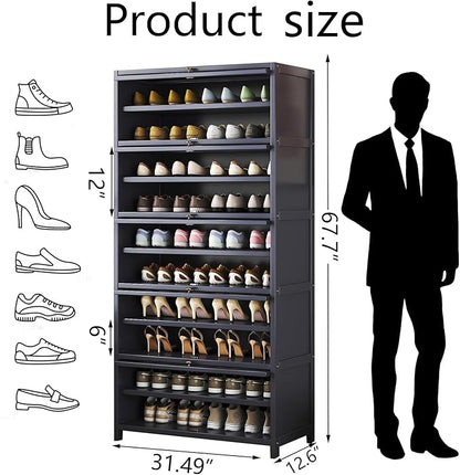 Bamboo Shoe Cabinet with Acrylic Door,10-Tier Shoe Storage Rack, 40-45 Pairs Freestanding Shoe Rack, Entrance Shoe Cabinet for Hallway Living Room