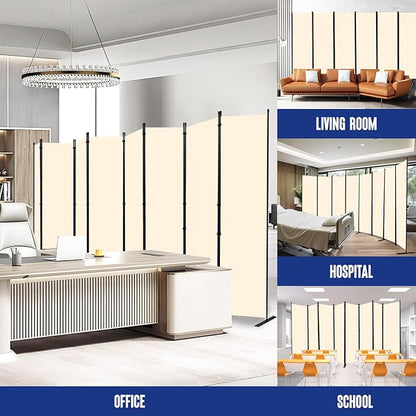 Room Divider Folding Privacy Screens with Wheels, 6FT Tall Divider for Room Separation, Movable Room Partitons and Dividers, Indoor Room Dividers Panel with Fabric (Beige, 8 Panel-176‘’-Flat Base)