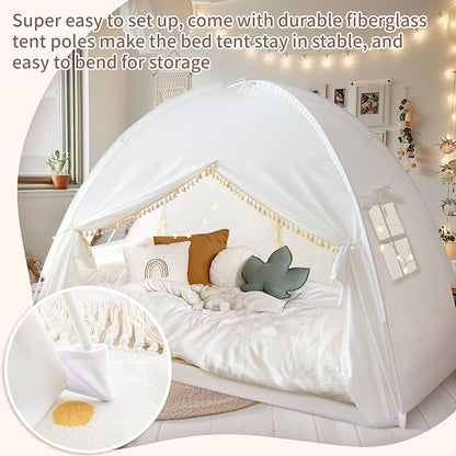 Razee Twin Bed Tent for Kids, Twin Size Toddler Canopy Indoor Princess Playhouse Privacy Tents on Bunk Bed Sleep for Girls Boys, Kid Toys for Birthday Gift, Bohemian Tassel, White