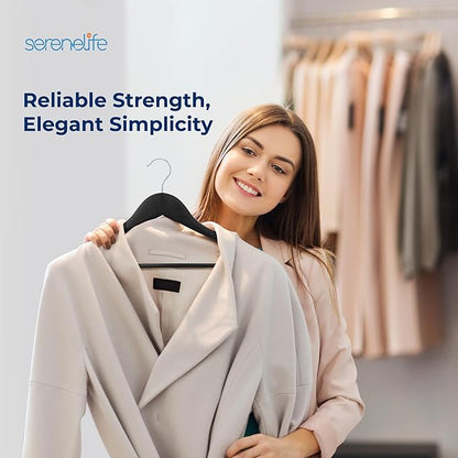 SereneLife 50-Pack Wooden Coat Hangers – Durable Suit Hangers with 360° Swivel Hook & Notches – Slim Design for Shirts, Jackets, Dresses, and More (Black)