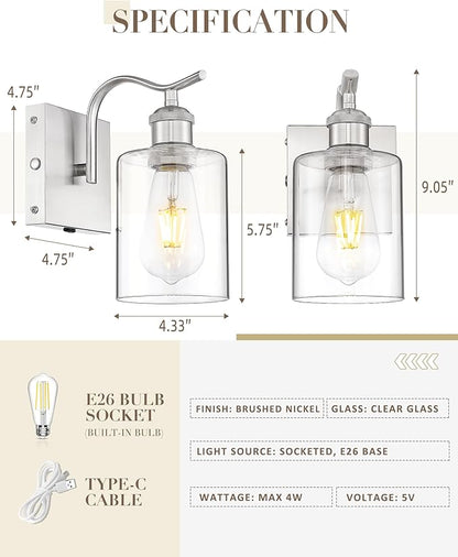 Battery Operated Wall Sconces Set of 2, Brushed Nickel Rechargeable Wall Lights with 5200mAh Battery and Touch Control, Dimmable Wireless Sconce Lamp for Bedroom Hallway Bathroom ZCVL01BN-1A-2P