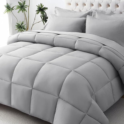 JOLLYVOGUE Queen Comforter Set, Ultra-Soft Bed in a Bag Queen Size 7 Pieces, Oeko-TEX Certified Bedding Set with Down Alternative Comforter, Sheets, Pillowcases & Shams, Light Grey