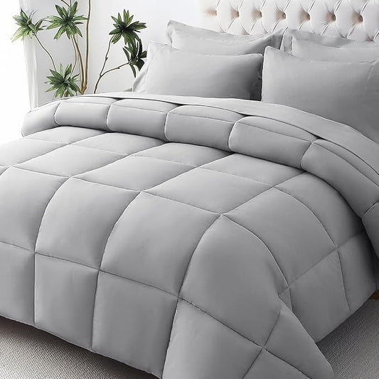 JOLLYVOGUE Queen Comforter Set, Ultra-Soft Bed in a Bag Queen Size 7 Pieces, Oeko-TEX Certified Bedding Set with Down Alternative Comforter, Sheets, Pillowcases & Shams, Light Grey
