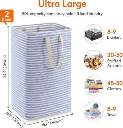 Lifewit 2 Pack Laundry Hamper Large Collapsible Laundry Basket, Freestanding Waterproof Cloth Hamper with Easy Carry Handles in Laundry Room Bedroom Bathroom College Dorm for Adult, Grey&Blue, 2 x 80L