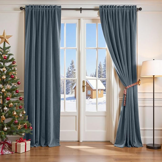 Lazzzy Velvet Blackout Curtains Thermal Insulated Room Window Drapes Super Soft Luxury Curtains for Living Room Bedroom Rod Pocket 2 Panels, Dark Slate, 52" W x 84" L