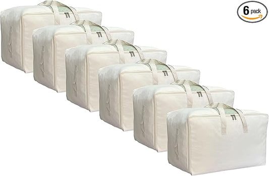 Soft Large Canvas Comforter Storage Bags with Four Carrying Handles and Clear Window, Closet Organizer for Clothing, Blankets Sheets Pillows and Bedding, 80L, 6 Pack, Beige