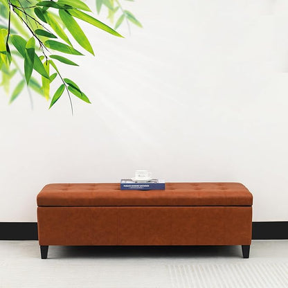 Joveco 51 Inch Storage Ottoman Bench,Tufted Leather Storage Bench for Bedroom (51”,Dark Orange)