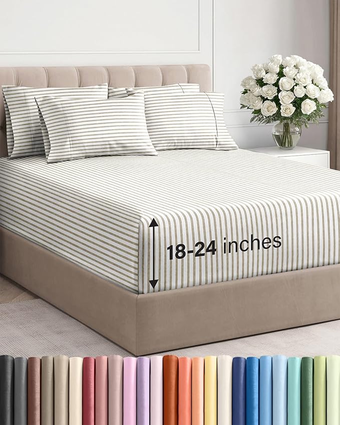 Extra Deep Full Sheet Set - 6 Piece Breathable and Cooling Sheets - Hotel Luxury Bed Sheets Set - Easy Fit - Soft, Wrinkle Free and Comfy Sheets Set - Beige Striped Sheet Set with Extra Deep Pockets
