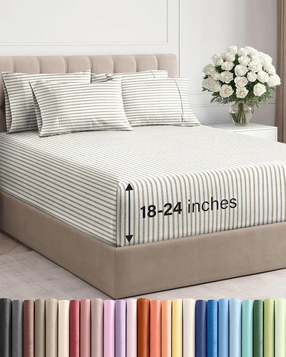Extra Deep Full Sheet Set - 6 Piece Breathable and Cooling Sheets - Hotel Luxury Bed Sheets Set - Easy Fit - Soft, Wrinkle Free and Comfy Sheets Set - Beige Striped Sheet Set with Extra Deep Pockets