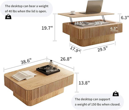 LKTART Lift Top Coffee Table for Living Room, Accent Fluted Coffee Table with Storage, Modern Solid Wood Veneered Rectangle Center Tea Table for Small Space Apartment (38.6''D×14''H-Natural)